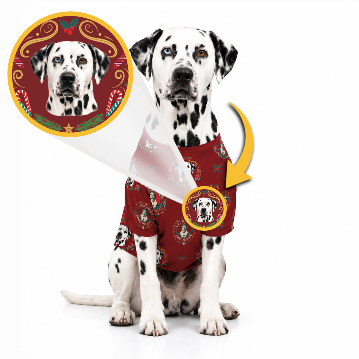 A Dalmatian dog wearing a red holiday-themed dog shirt with a printed dog portrait, shown on a white background with an inset close-up of the print and a yellow arrow indicating the design area.