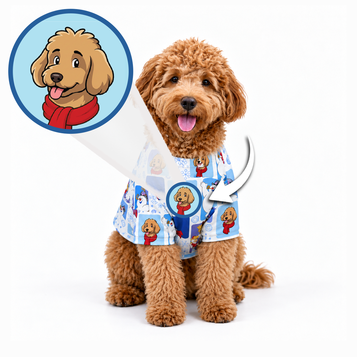 A brown poodle wearing a light blue printed pet sweater with cartoon dog illustrations, shown on a white background with a circular inset of the dog's face and arrows indicating the design area.