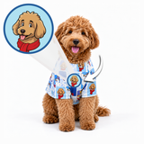 A brown poodle wearing a light blue printed pet sweater with cartoon dog illustrations, shown on a white background with a circular inset of the dog's face and arrows indicating the design area.