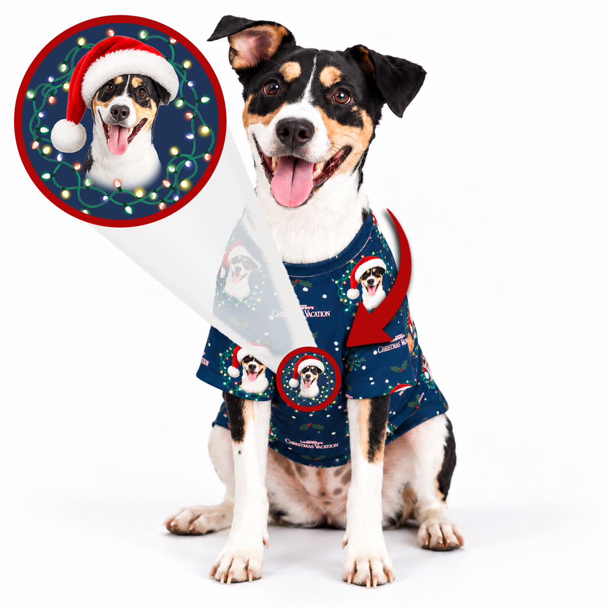 A black, white, and tan dog wearing a navy blue Christmas-themed dog shirt with dog portraits and holiday lights, shown on a white background with an inset circle showing the dog in a Santa hat.