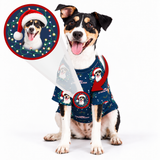 A black, white, and tan dog wearing a navy blue Christmas-themed dog shirt with dog portraits and holiday lights, shown on a white background with an inset circle showing the dog in a Santa hat.