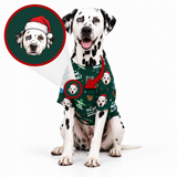 A Dalmatian dog wearing a green Christmas-themed dog shirt with dog face prints and Santa hats, shown on a white background with a circular inset showing a custom pet portrait design.