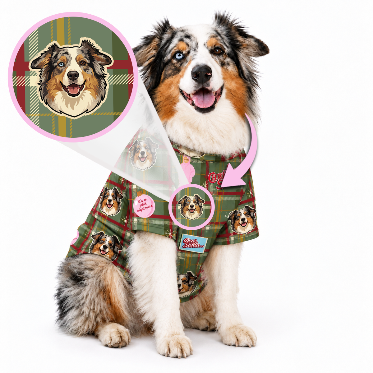 A dog wearing a custom plaid dog coat with a printed portrait, shown on a white background with a zoomed-in detail circle and arrow pointing to the coat pattern.