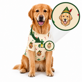 A golden retriever dog wearing a cream-colored Christmas elf-themed t-shirt, shown against a white background with an inset circle showing a close-up of the printed design.