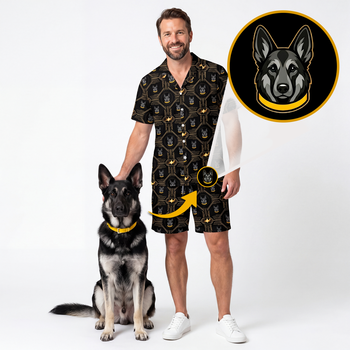 A man wearing a black short-sleeve button-up shirt and matching shorts with a repeating dog-face pattern, standing next to a German Shepherd wearing a yellow collar. A circular inset at the top right shows a close-up of the dog-face print on a black background.