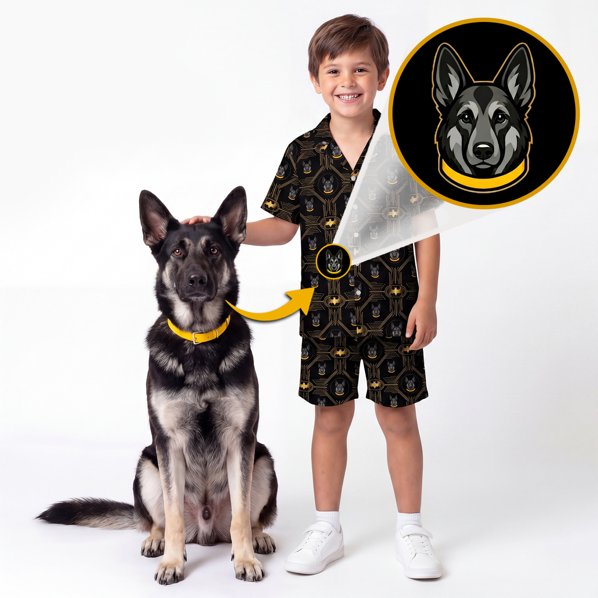 A child stands next to a German Shepherd wearing a yellow collar, with a circular inset showing the printed dog face pattern on the collar. The child is also wearing a matching black patterned short-sleeve shirt and shorts set.