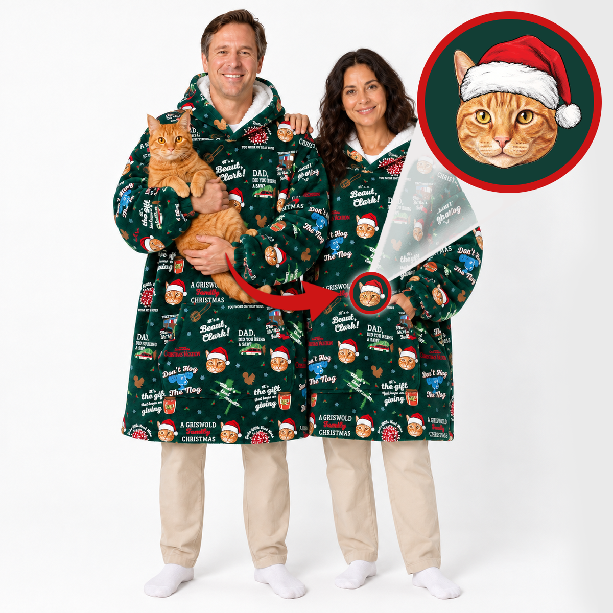A man and a woman wearing matching green Christmas-themed hooded robes with a printed cat pattern, standing against a white studio background. The man holds an orange tabby cat, and a circular inset at the top right shows a close-up of a cat wearing a Santa hat.