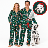 A man and a woman wearing matching green Christmas-themed pajamas with a dog print, standing next to a Dalmatian dog on a white background. A circular inset shows a Dalmatian face wearing a Santa hat, with arrows pointing to the dog print on the pajamas.