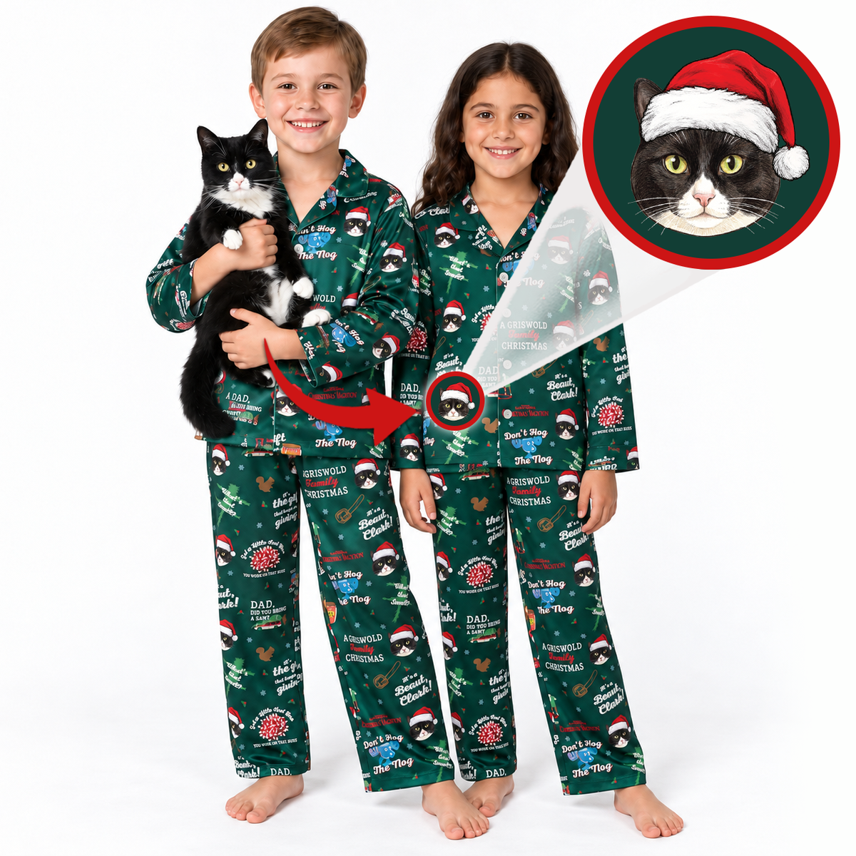 Two children wearing matching green Christmas-themed pajamas with a cat print, standing against a white background. One child holds a black and white cat, and an inset circle shows a close-up of a cat wearing a Santa hat with the text 'Meow'.