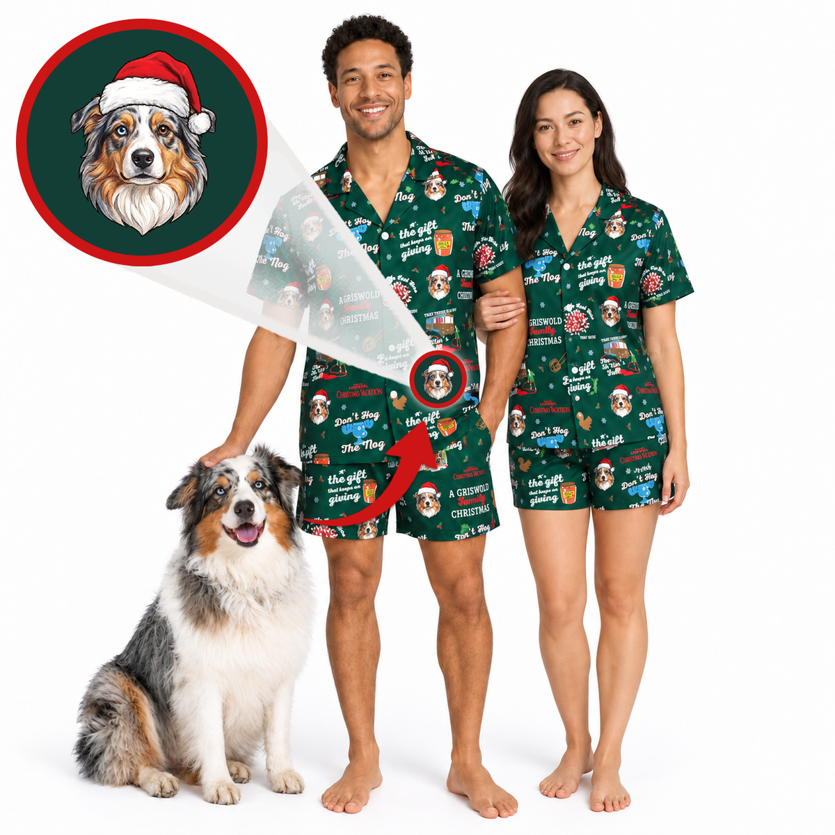 A man and a woman wearing matching green Christmas-themed pajama sets with a dog print, standing next to a real dog on a white background. A circular inset at the top left shows a dog portrait with a Santa hat, and arrows explain how the custom print is made.