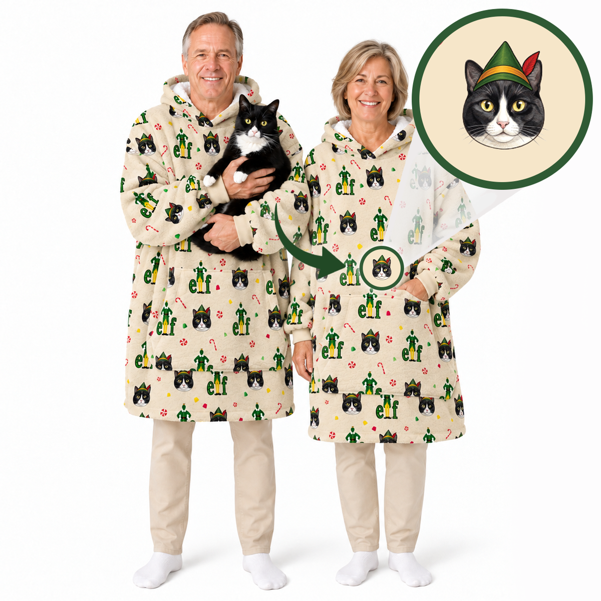 Two older adults modeling matching hooded pajama robes with a whimsical print of cacti, elves, and a black-and-white cat, shown against a white studio background with a circular inset zoom of the cat motif.