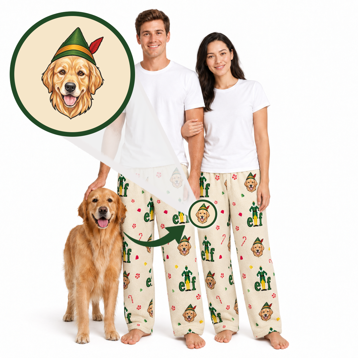 A man and a woman wearing matching Christmas-themed pajamas with a golden retriever dog, plus a circular inset showing a golden retriever wearing an elf hat. The pajamas are cream with green, red, and yellow holiday prints.