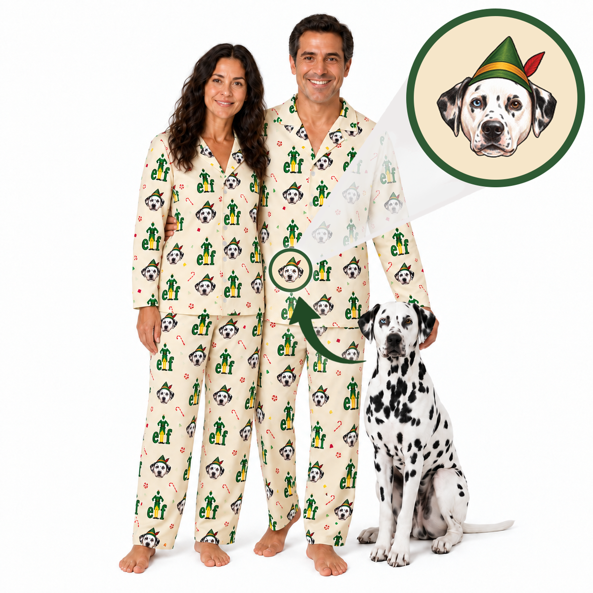A man and a woman wearing matching cream-colored pajamas with a repeating pattern of cartoon dalmatians wearing green elf hats, standing next to a real dalmatian dog. A circular inset graphic at the top right shows the source dog portrait with a green arrow pointing to the matching print on the pajamas.