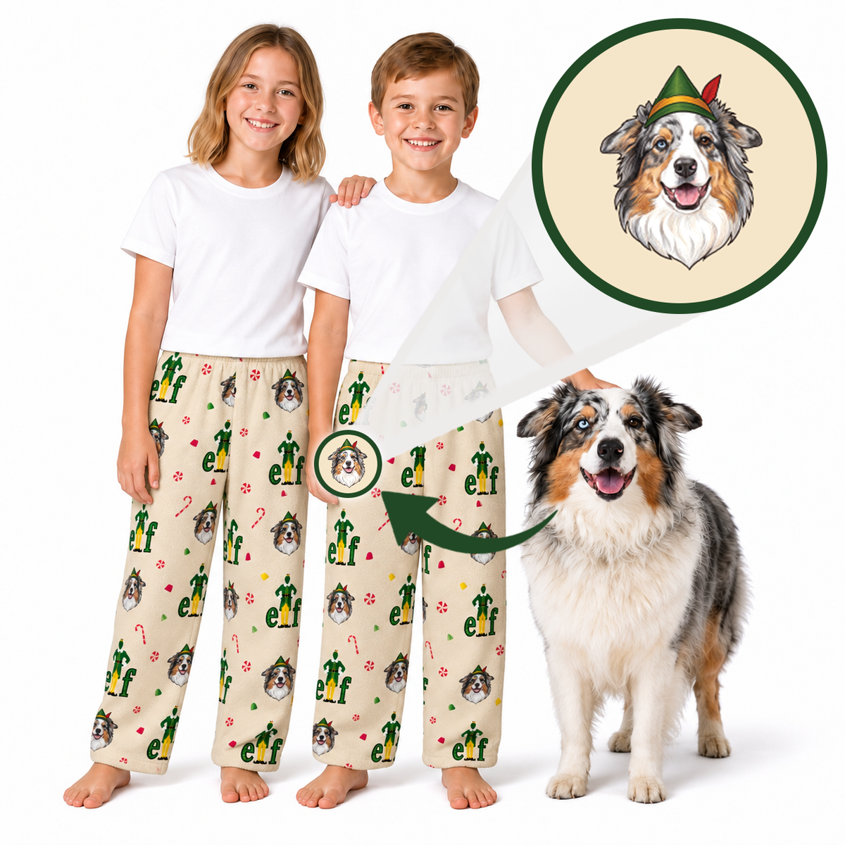 Two children wearing matching Christmas elf pajama pants with a dog, plus a circular inset showing a dog illustration wearing an elf hat. The pajamas have a light beige base with green, red, and gray elf motifs.