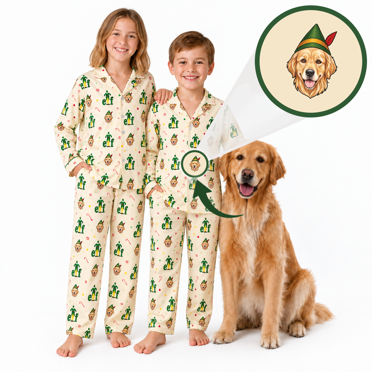 Two children wearing matching Christmas-themed pajamas stand next to a Golden Retriever dog on a white background. An inset circle shows a printed design of a Golden Retriever wearing a green elf hat, with arrows pointing to the child's pajama chest area.
