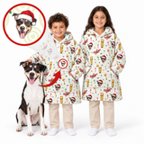 Two children and a dog wearing matching hooded puffer jackets with a festive Christmas dog print, shown on a white background with an inset circle highlighting the dog print detail.