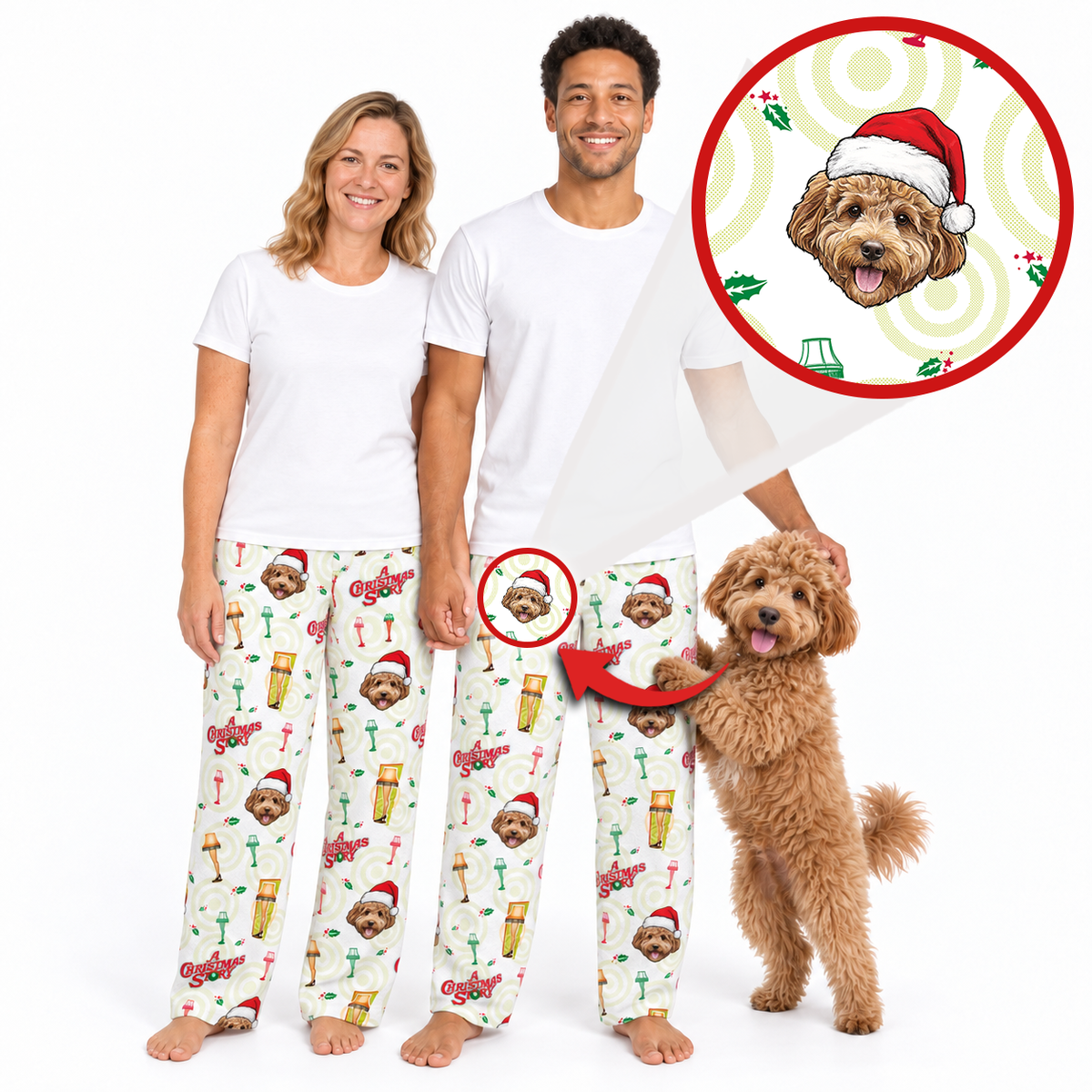 A man and a woman wearing matching white t-shirts and Christmas-themed dog pajama pants with a dog standing beside them. A circular inset shows a close-up of the printed dog design on the pants, with arrows indicating the custom print customization.