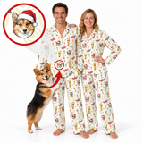 A man and a woman wearing matching holiday-themed pajamas with a corgi print, standing barefoot against a white background. A corgi dog is in front of them, and a circular inset shows a custom corgi portrait wearing a Santa hat with an arrow pointing to the pajama print.