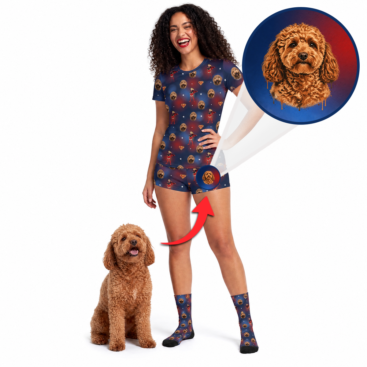 A woman modeling a matching short-sleeve top and shorts set with a dog print, standing next to a small brown poodle on a white background. A circular inset shows a close-up of the dog print on the top, and a red arrow points from the inset to the garment on the model.