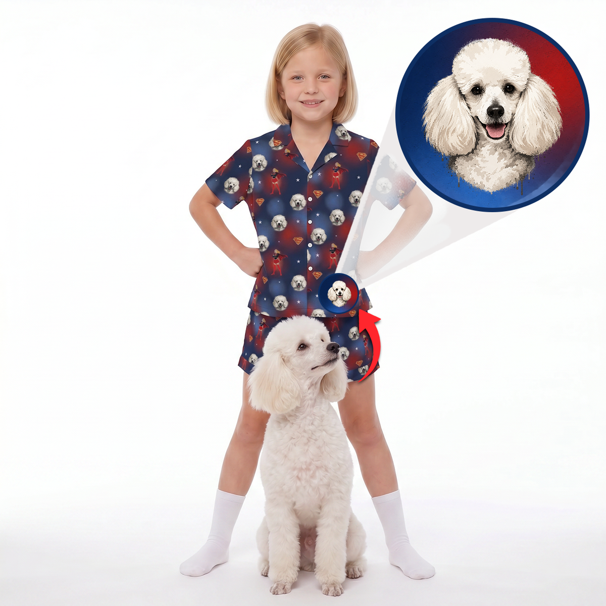 A child model wearing a navy blue short-sleeve scrub-style top and shorts set with a red and white poodle print, standing next to a white poodle on a white studio background. A circular inset shows a close-up of the poodle head inside the print.