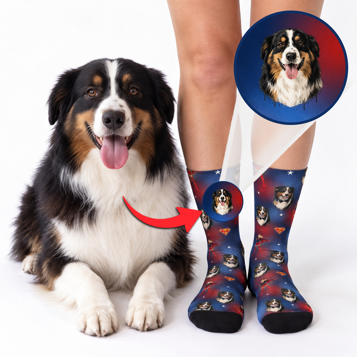 A dog lying on a white studio background next to a person's legs wearing custom printed socks. A circular inset shows a close-up of the dog's face printed on the socks, with a red arrow pointing from the dog to the socks, indicating a custom pet print product.