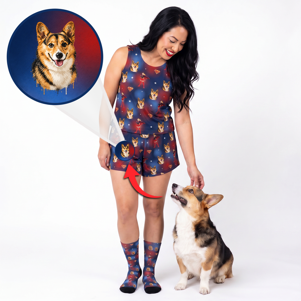 A woman modeling a matching navy blue pajama set with a corgi print, standing next to a corgi dog on a white studio background. A circular inset at the top left shows the custom corgi portrait design that inspired the print, with a red arrow pointing to the matching socks and shorts.