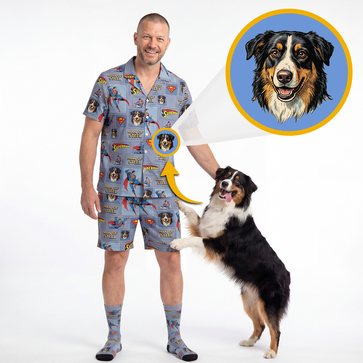 A man wearing a matching gray short-sleeve pajama shirt and shorts set with a colorful cartoon dog print stands next to an Australian Shepherd dog. A circular inset shows a real dog portrait with a blue background and yellow border, connected by arrows to the pajama print, indicating a custom pet pajama design.