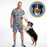 A man wearing a matching gray short-sleeve pajama shirt and shorts set with a colorful cartoon dog print stands next to an Australian Shepherd dog. A circular inset shows a real dog portrait with a blue background and yellow border, connected by arrows to the pajama print, indicating a custom pet pajama design.