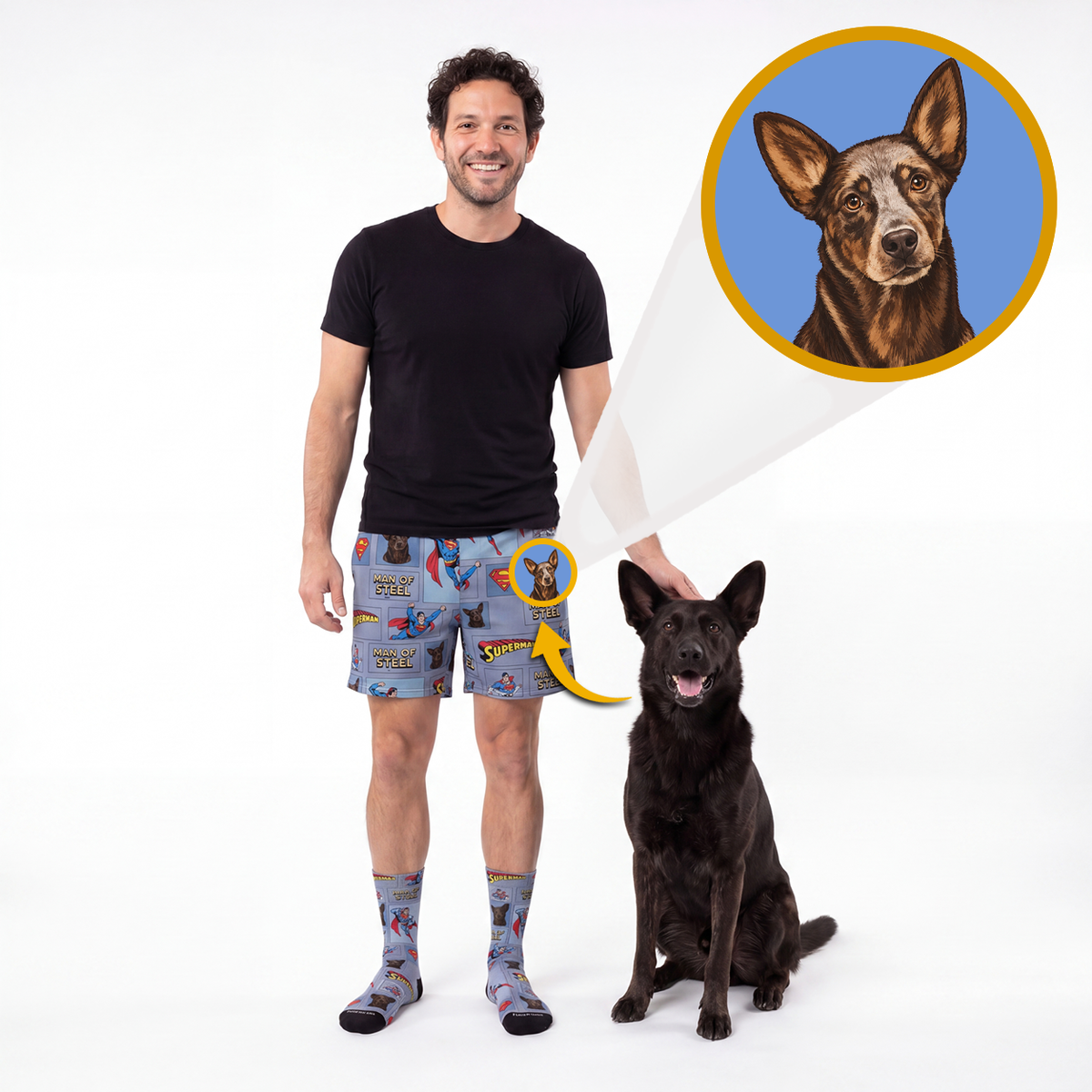 A man wearing custom printed socks and shorts stands next to a black dog on a white studio background. A speech bubble shows a custom pet portrait illustration.