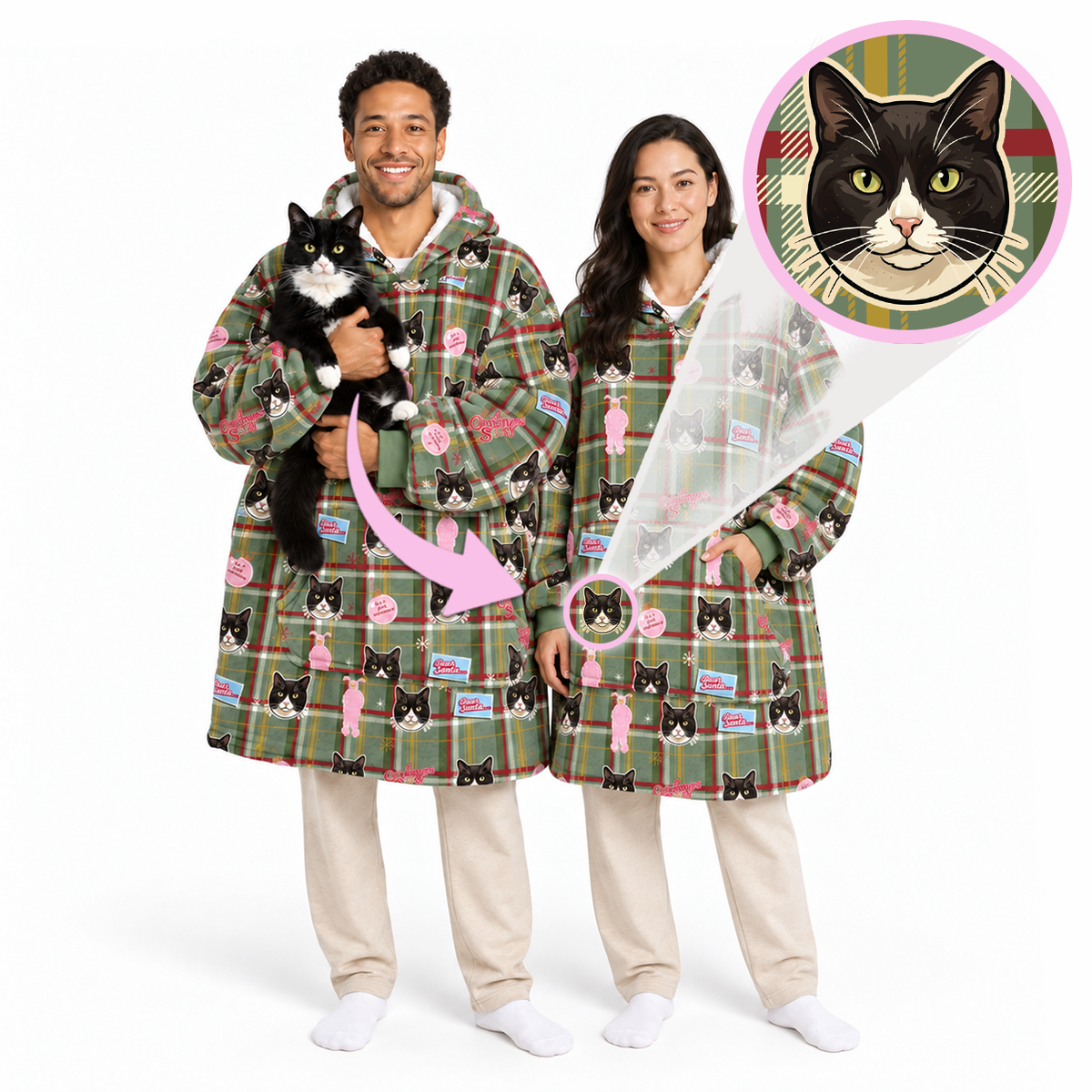 A man and a woman modeling matching green plaid hooded robes with a cat print, standing against a white studio background. The man holds a black-and-white cat, and a circular inset shows a close-up of the robe's cat pattern.