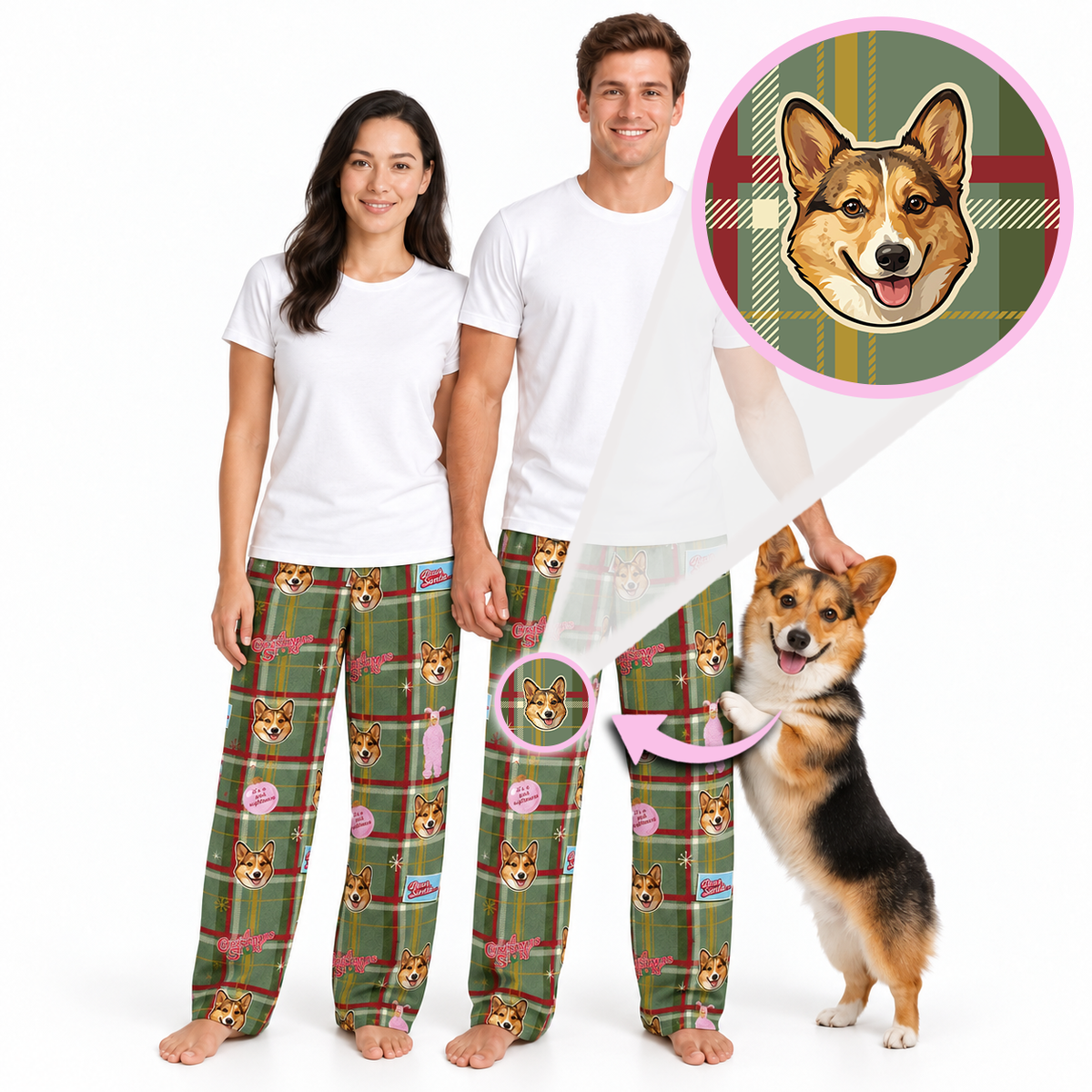 A man and a woman wearing matching white t-shirts and green plaid pajama pants with a custom dog face printed on them, standing on a white background next to a corgi dog. A circular inset shows the original dog photo that was transformed into the custom print.