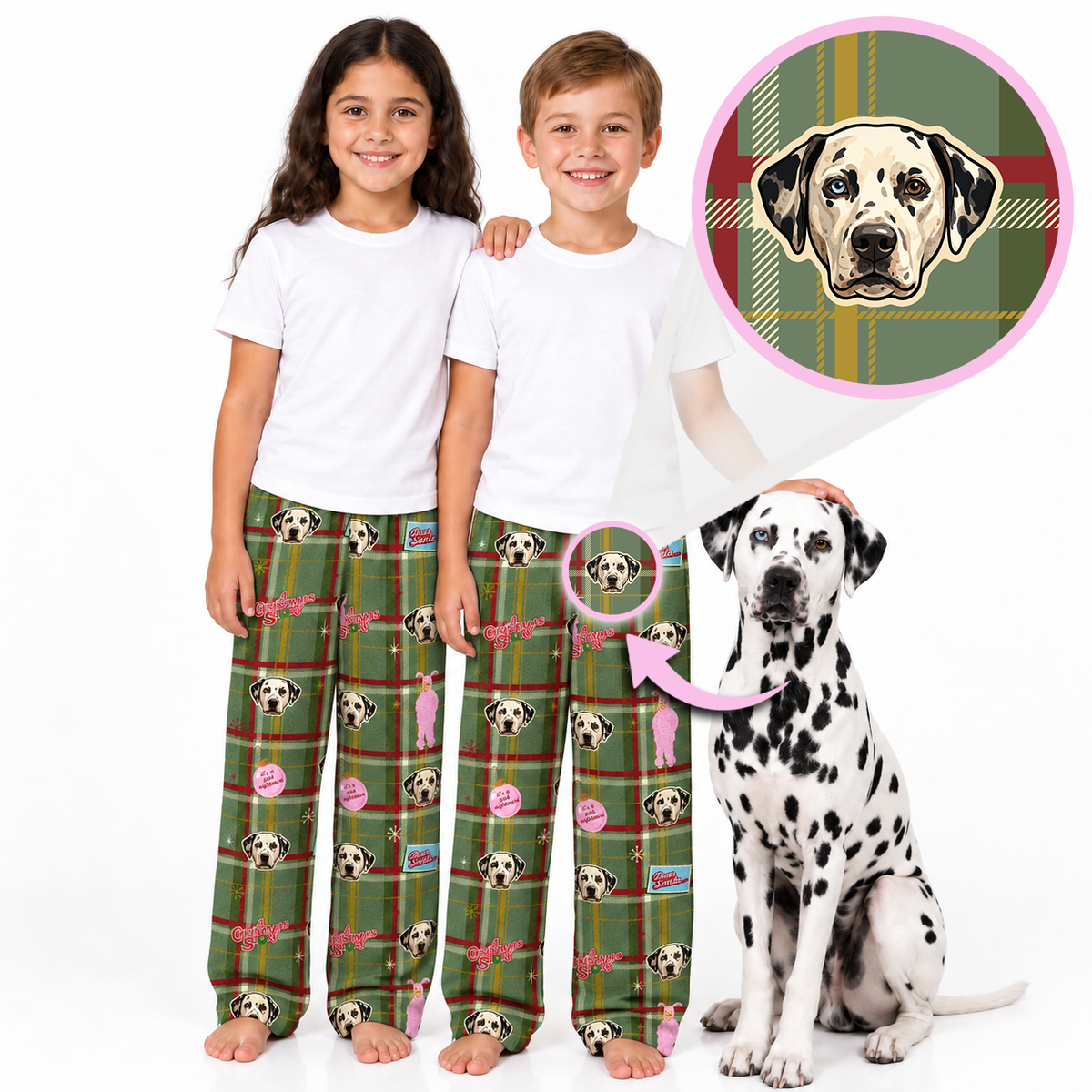 Two children wearing matching green plaid pajama pants with a Dalmatian dog face pattern, standing barefoot next to a Dalmatian dog. An inset circle at the top right shows a close-up of the dog face pattern on the plaid fabric.