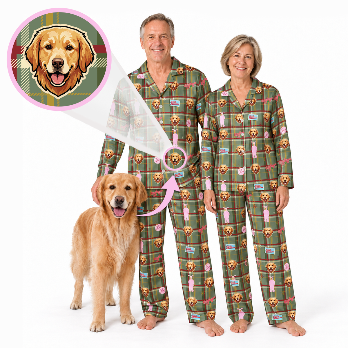 A man and a woman wearing matching green plaid pajamas with a printed dog motif, standing barefoot on a white background next to a golden retriever. A circular inset at the top left shows a custom dog portrait with the same plaid pattern.
