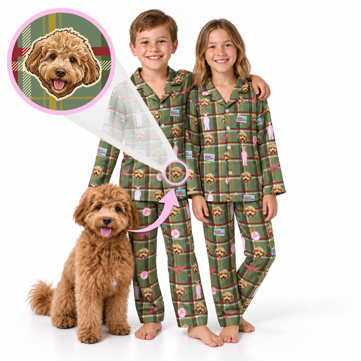 Two children wearing matching green plaid pajamas with a dog print, standing barefoot on a white background next to a fluffy brown dog. A circular inset shows a custom dog face design that appears in the pajama print, with a pink arrow indicating the customization.