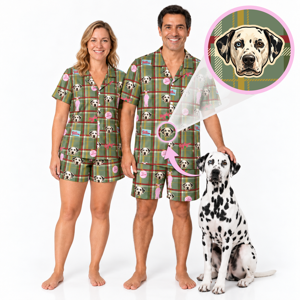 A man and a woman wearing matching green plaid pajama sets with a Dalmatian dog print, standing next to a Dalmatian dog on a white background. An inset circle shows a close-up of the dog print design.