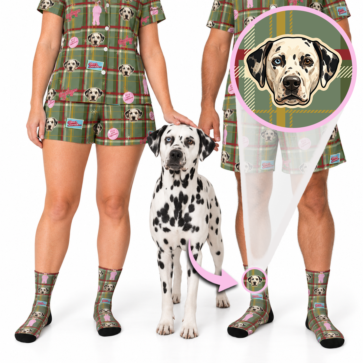 A person modeling a matching dog-print pajama set with shorts and socks, alongside a Dalmatian. A circular inset shows a close-up of the dog face print on the pajama top, and another inset highlights the sock pattern.