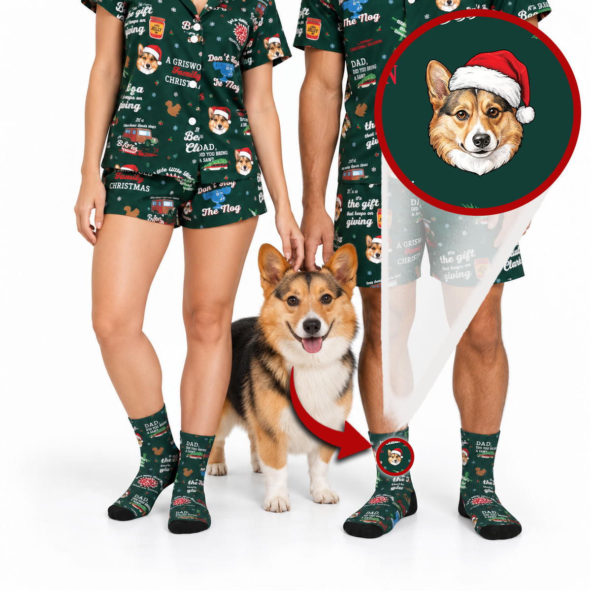 A couple wearing matching dark green Christmas-themed pajama sets and socks stands with a corgi dog on a white studio background. The pajamas and socks have a festive print with text like 'Merry Christmas' and holiday graphics.