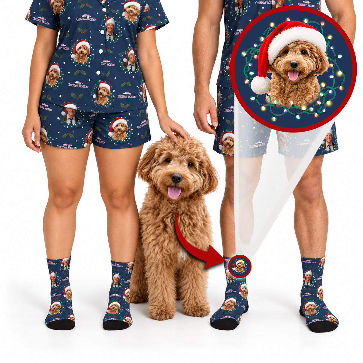 A person and a dog modeling matching navy holiday pajama set with a dog print, including a short-sleeve top, shorts, socks, and a red Santa hat shown in a circular detail inset.