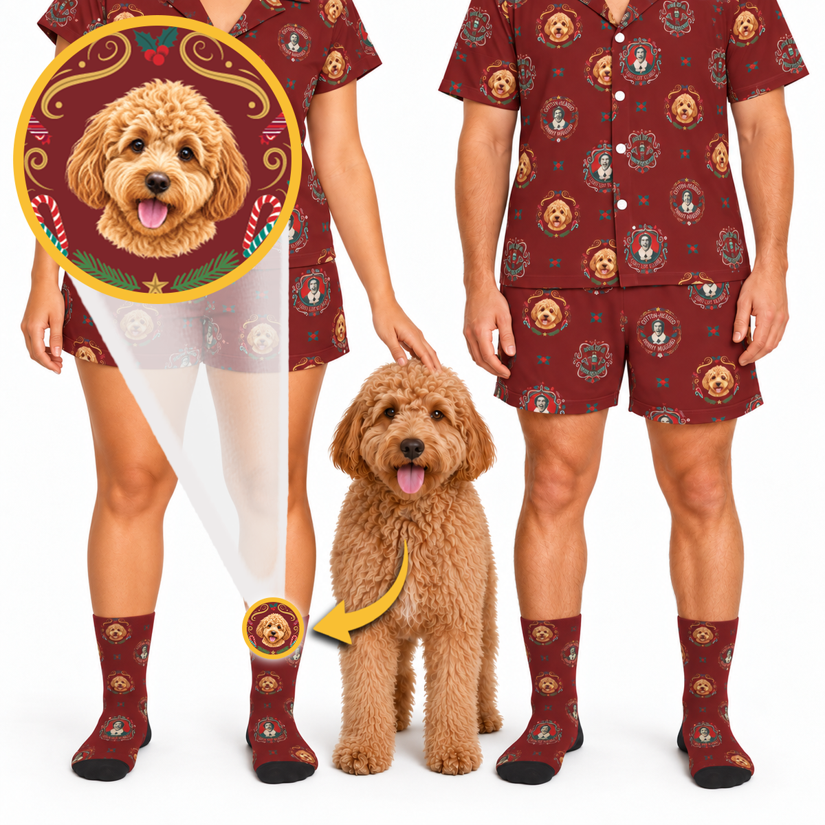 A man and a dog modeling matching burgundy pajama set with a Harry Potter themed dog print, shown alongside a circular zoom-in detail of the dog graphic on the pajama leg.