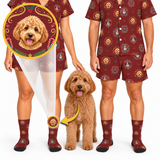 A man and a dog modeling matching burgundy pajama set with a Harry Potter themed dog print, shown alongside a circular zoom-in detail of the dog graphic on the pajama leg.