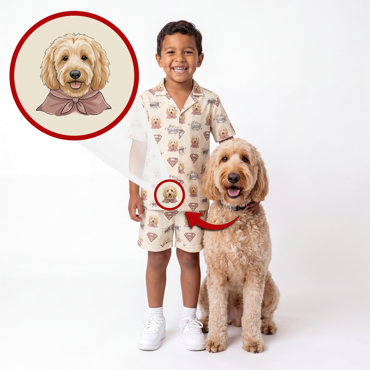 A child wearing a matching beige pajama set with a dog print stands next to a golden doodoodle dog wearing a matching collar. A circular inset at the top left shows a cartoon illustration of the dog portrait, with arrows pointing to the child's and dog's respective printed areas on the clothing.