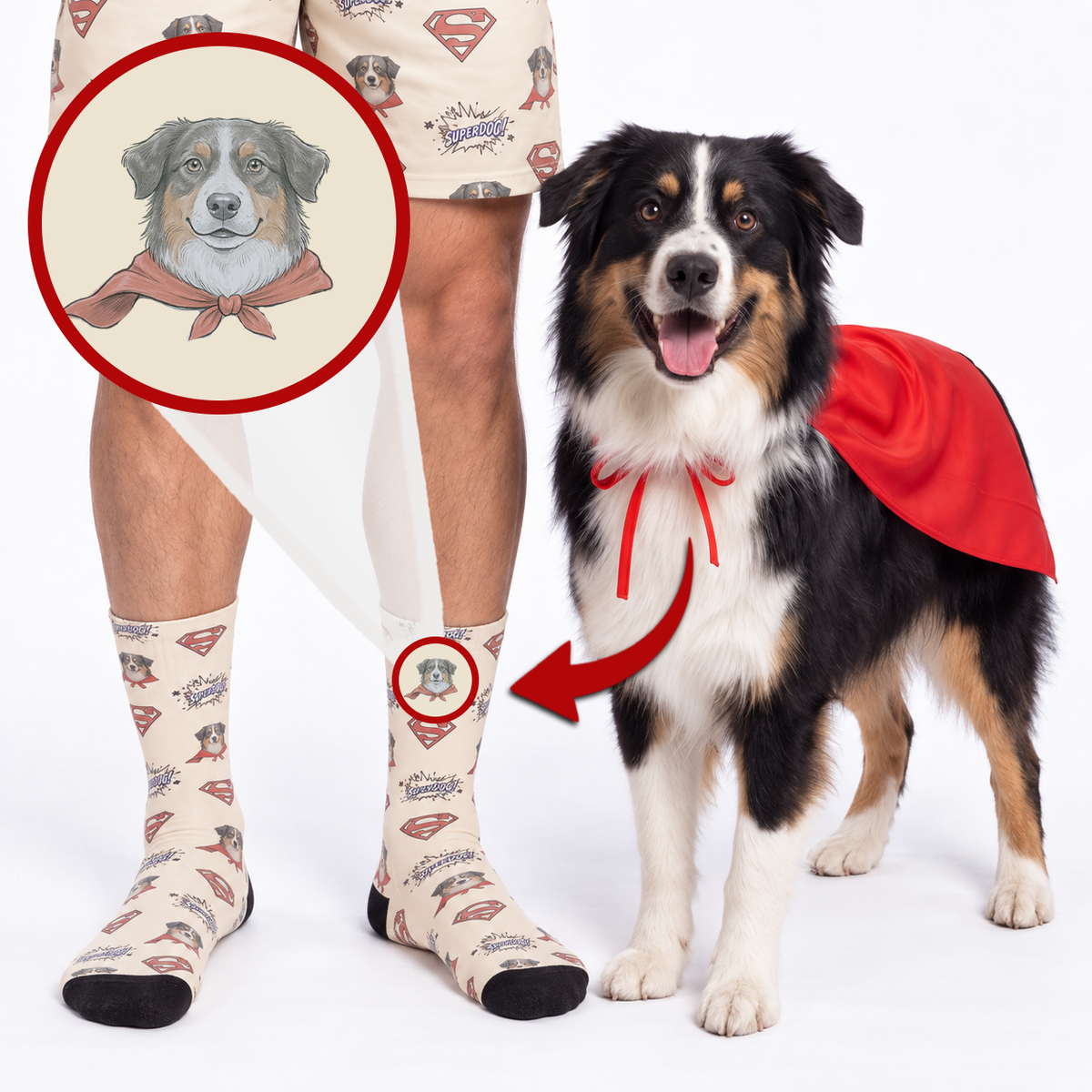 A dog wearing a red cape stands beside a person's legs showing matching patterned socks and shorts. The socks and shorts have a beige base with a repeating superhero-style dog print, and the dog's head is shown enlarged in a circular inset with a red arrow pointing to the matching sock on the person.