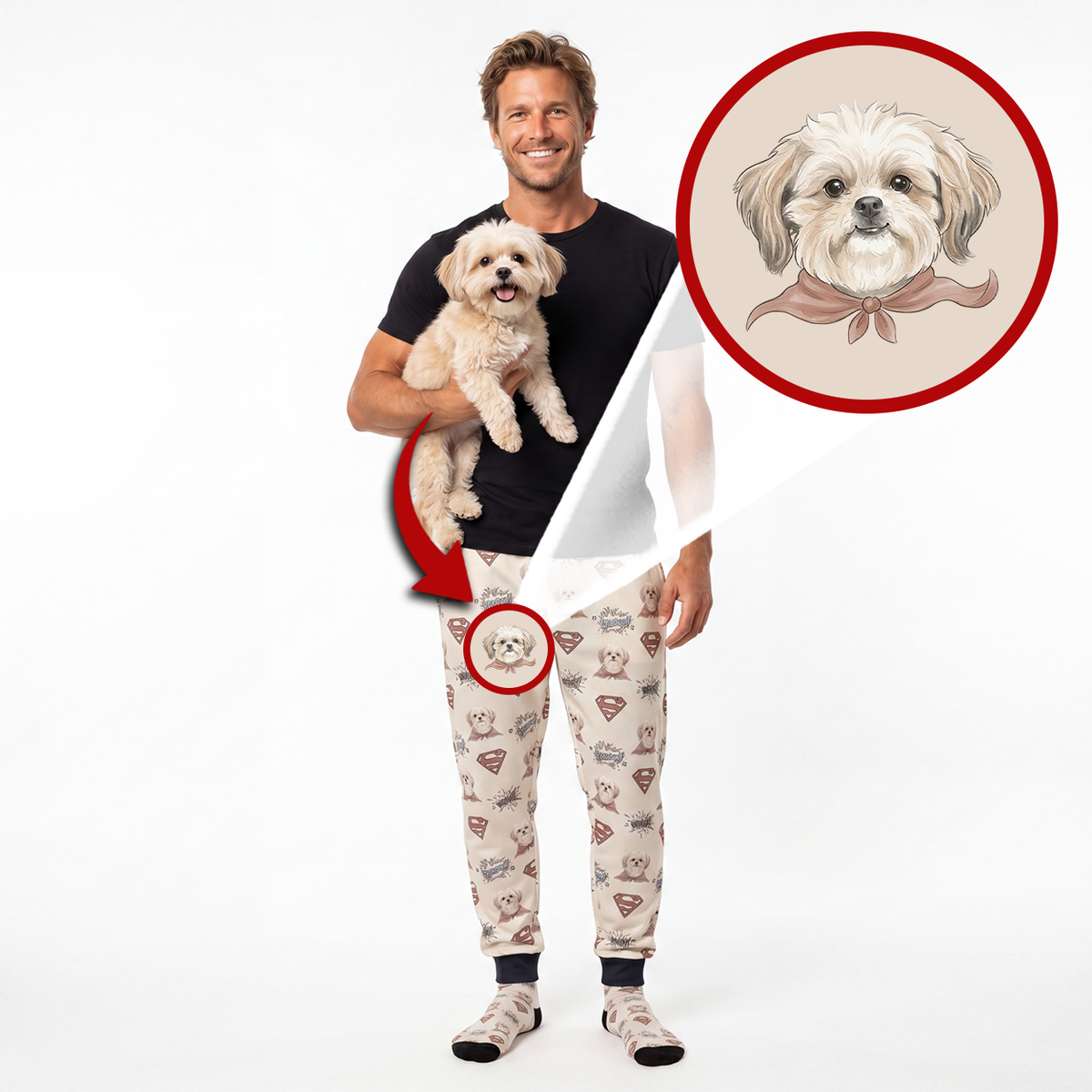 A man wearing a black t-shirt and beige patterned pajama pants holds a small fluffy dog against a white studio background. A circular inset at the top right shows a close-up of the dog printed on the pants, with a red arrow pointing from the inset to the man's leg where the matching print appears.