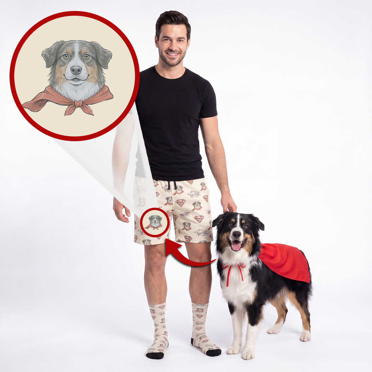 A man and a dog stand against a white studio background wearing matching printed socks and shorts. A circular inset at the top left shows a dog portrait with a red bandana, and the man's shorts are highlighted with a red circle and arrow pointing to the matching sock-and-shorts print on his leg.