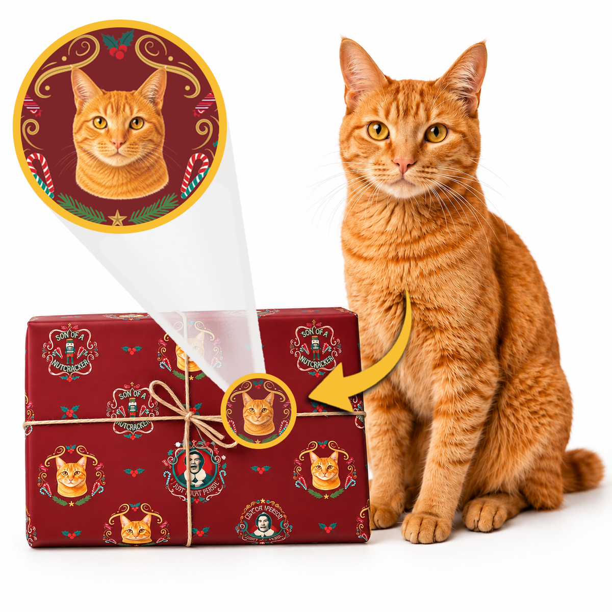 An orange tabby cat sits beside a wrapped gift box on a white background. A circular inset shows a custom portrait of the cat, with an arrow pointing to a matching custom seal on the gift wrap, illustrating personalized gift packaging.