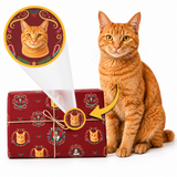 An orange tabby cat sits beside a wrapped gift box on a white background. A circular inset shows a custom portrait of the cat, with an arrow pointing to a matching custom seal on the gift wrap, illustrating personalized gift packaging.
