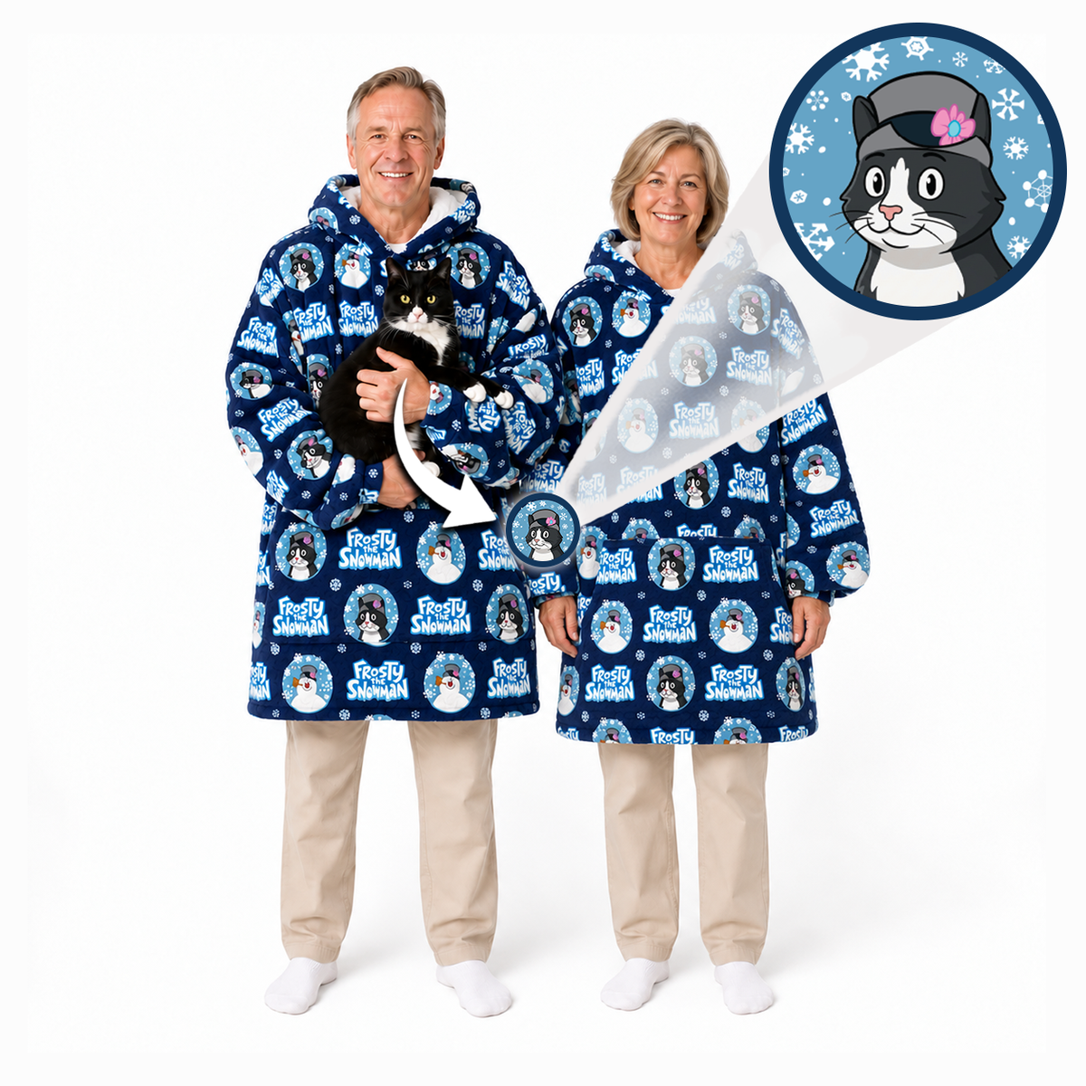 An older man and woman wearing matching navy blue hooded robes with a custom cat print, standing against a white background. The man holds a black and white cat, and a circular inset shows the custom cat illustration printed on the robe.