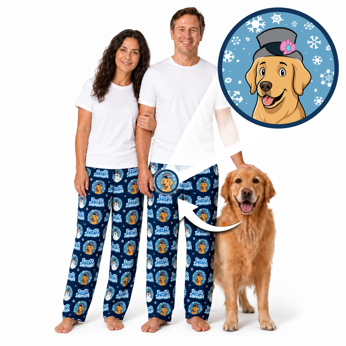 A man and a woman wearing matching blue patterned pajama pants and white t-shirts stand barefoot on a white background next to a golden retriever. A circular inset shows a cartoon dog wearing a hat, with an arrow pointing to the printed design on the pants.