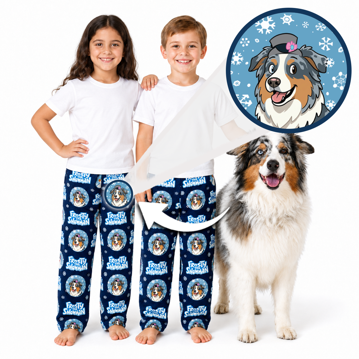 Two children and a dog modeling matching navy blue pajama pants with a repeating circular dog-face print and white T-shirts, on a white background. A circular inset shows a cartoon dog illustration with snowflakes, and arrows indicate the print is scalable.