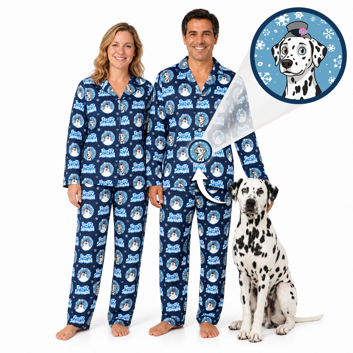 A man and a woman wearing matching navy blue pajamas with a repeating Dalmatian print, standing barefoot on a white background next to a Dalmatian dog. A circular inset at the top right shows a close-up of the pajama pattern with a Dalmatian wearing a small hat.